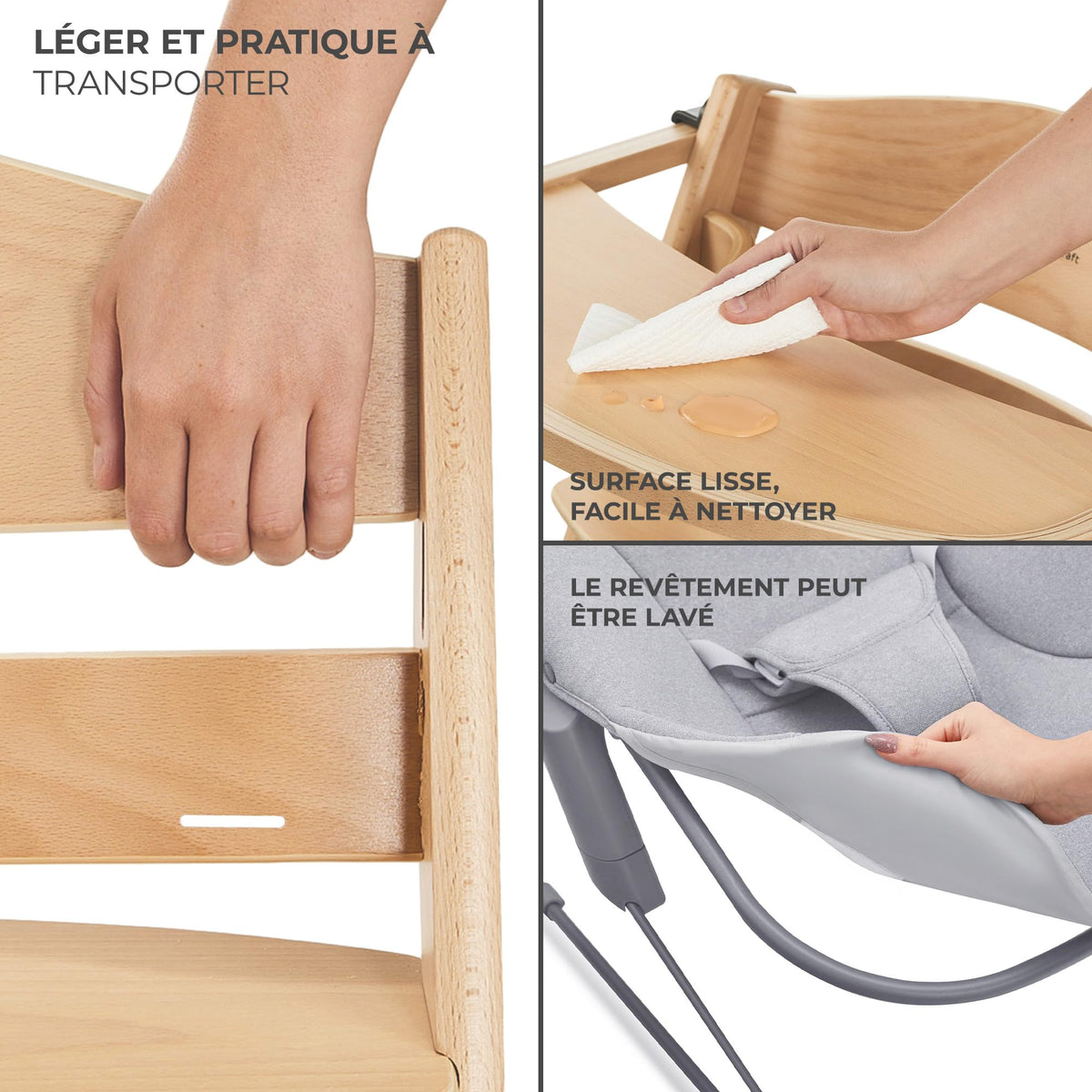 Kinderkraft ENOCK Chaise Haute + Transat CALMEE, Bois Naturel, Évolutive