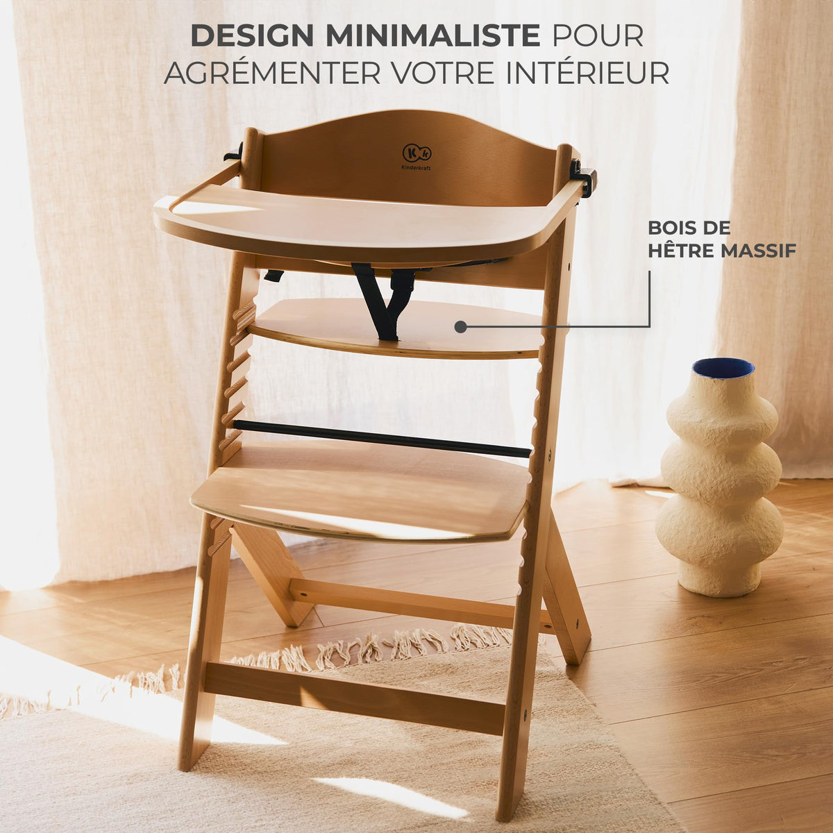 Kinderkraft ENOCK Chaise Haute + Transat CALMEE, Bois Naturel, Évolutive