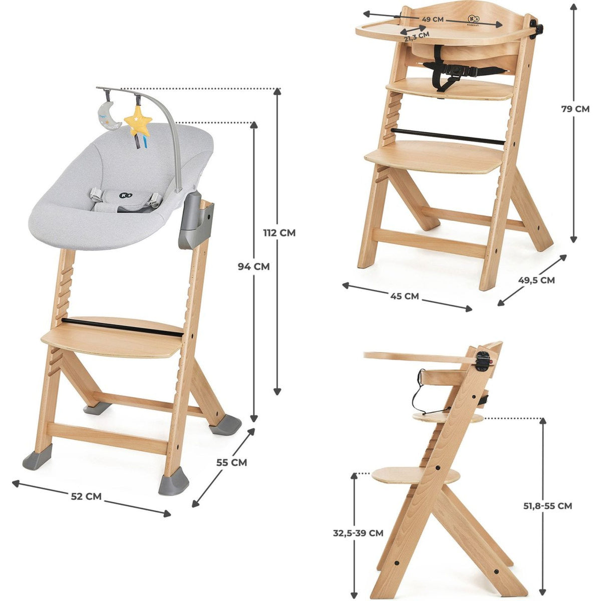 Kinderkraft ENOCK Chaise Haute + Transat CALMEE, Bois Naturel, Évolutive