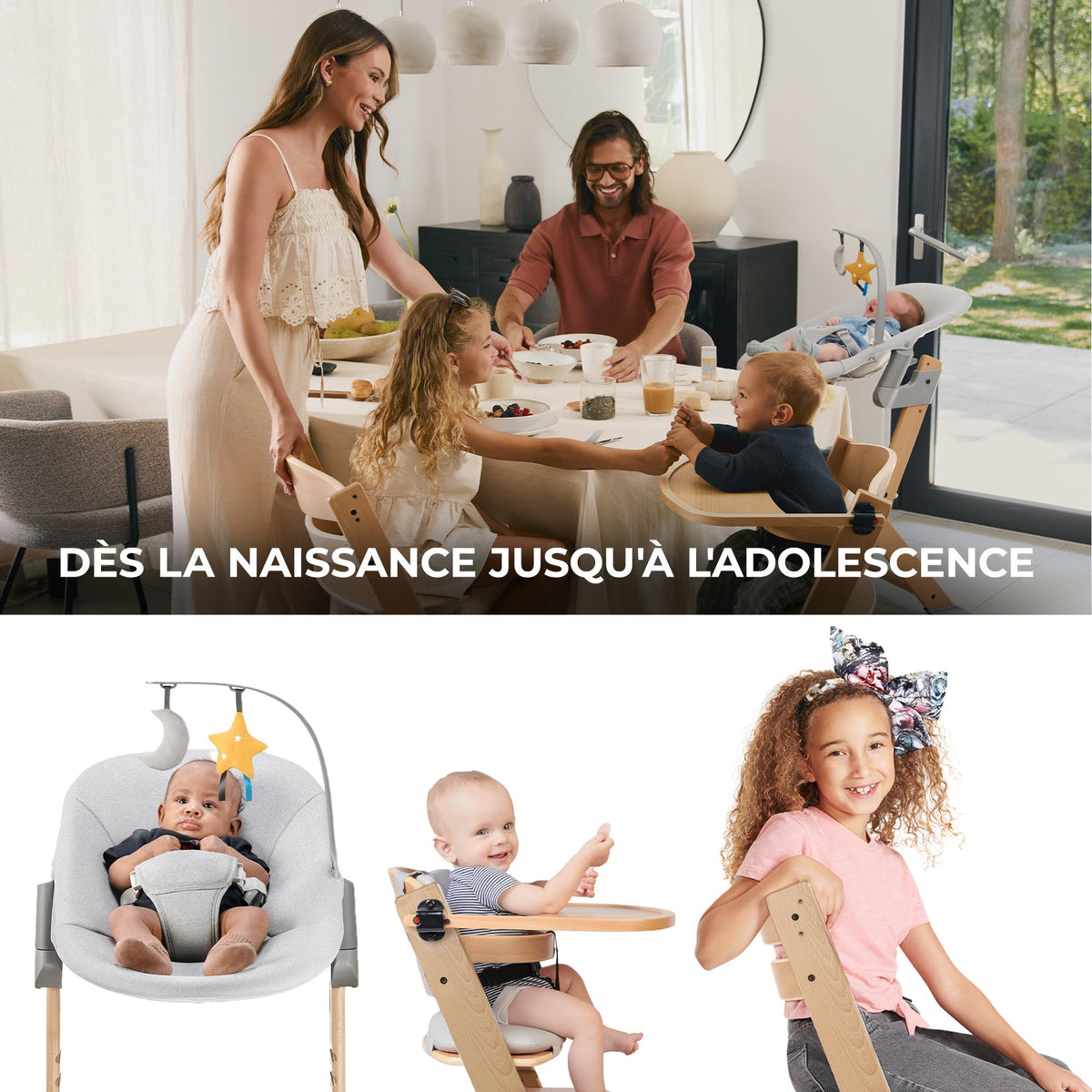 Kinderkraft ENOCK Chaise Haute + Transat CALMEE, Bois Naturel, Évolutive