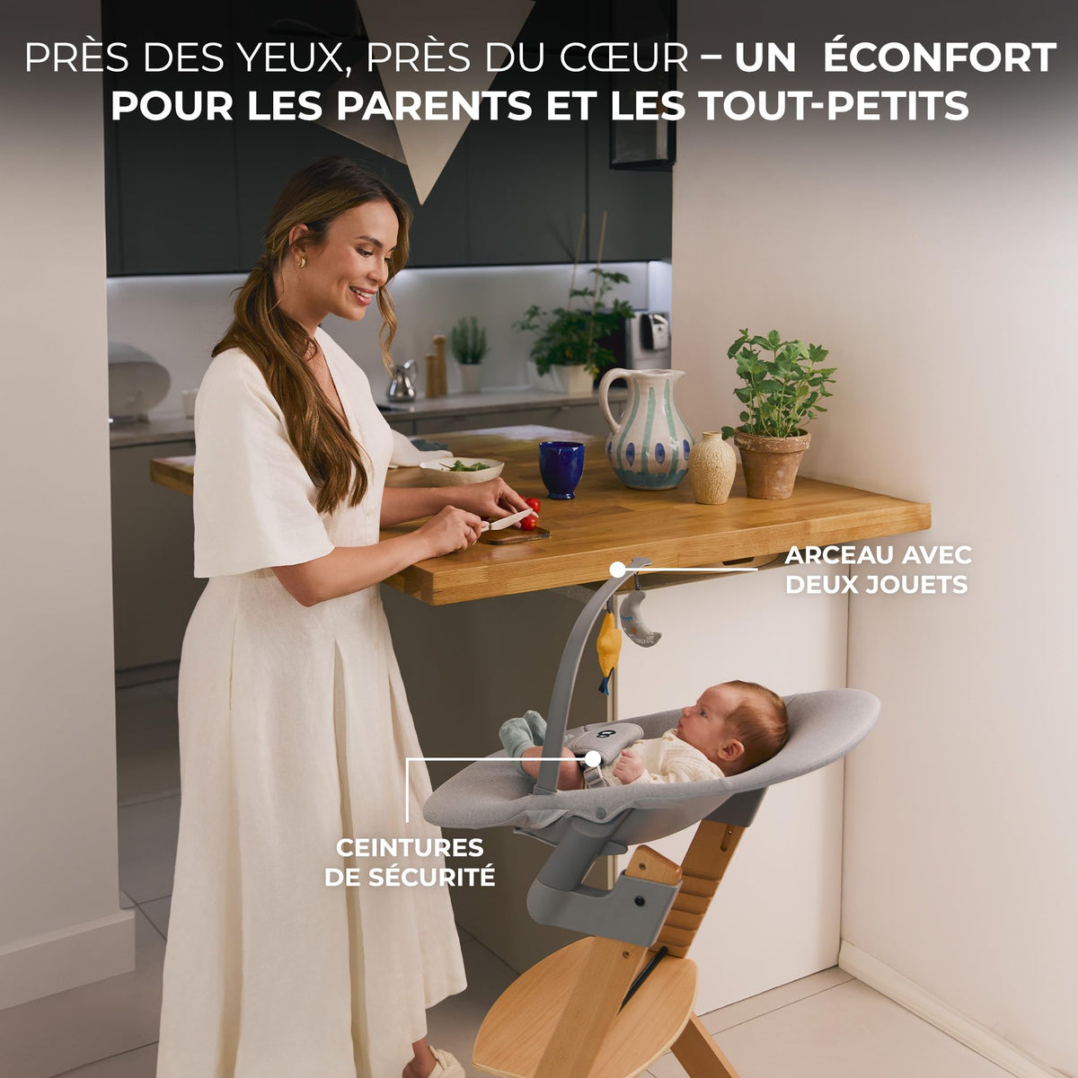 Kinderkraft ENOCK Chaise Haute + Transat CALMEE, Bois Naturel, Évolutive