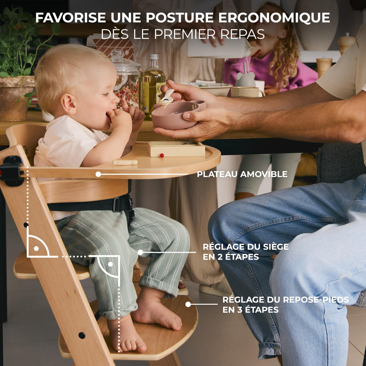 Kinderkraft ENOCK Chaise Haute + Transat CALMEE, Bois Naturel, Évolutive