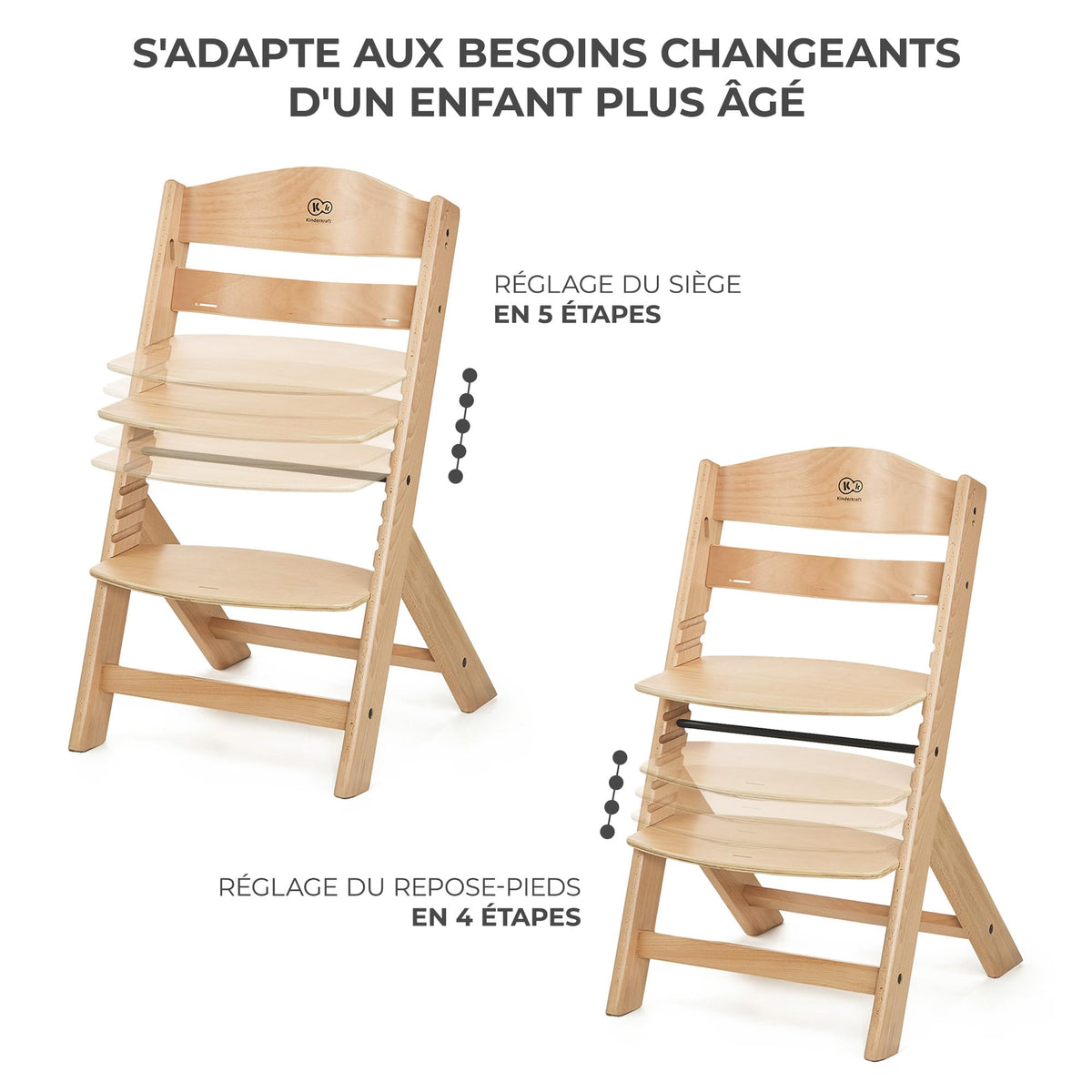 Kinderkraft ENOCK Chaise Haute + Transat CALMEE, Bois Naturel, Évolutive